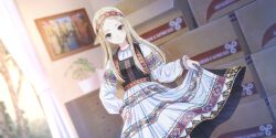 Rule 34 | 1girl, blonde hair, blue reflection (series), blue reflection sun, blurry, blurry background, blush, box, cardboard box, chest of drawers, closed mouth, dress, dutch angle, feet out of frame, forehead, game cg, green eyes, hairband, hand on own hip, highres, indoors, kishida mel, light particles, light smile, long hair, long sleeves, looking at viewer, morisaki alesia yu, non-web source, official art, painting (object), parted bangs, picture frame, plant, potted plant, print dress, red hairband, skirt hold, slavic clothes, solo, sunlight, traditional dress, tree, white dress