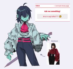 1other adapted_costume ahoge alternate_costume alternate_hairstyle aqua_skin ascot belt bio_(bioshitto) black_hair closed_mouth colored_skin deltarune derivative_work ear_piercing frilled_shirt frilled_sleeves frills high-waist_pants highres kris_(dark_world)_(deltarune) kris_(deltarune) ouji_fashion pants piercing ponytail reference_inset shirt simple_background strawpage sword weapon