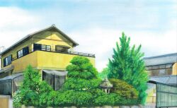 aerial_(aerial_30) blue_sky bush cloud cloudy_sky greenhouse highres house no_humans original painting_(medium) railing scenery sky traditional_media tree window