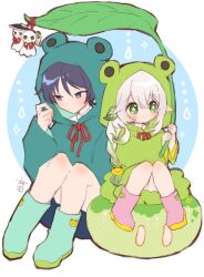 1boy 1girl alternate_costume alternate_hairstyle animal_hood animal_print aqua_boots black_hair black_shorts blunt_ends blush boots braid character_doll closed_mouth colored_tips doll drawstring frog_hood frog_print genshin_impact green_eyes green_hair green_hood green_hoodie green_pupils green_skirt green_sleeves hair_ornament hayashidadesu holding holding_leaf holding_umbrella hood hood_up hoodie knee_blush knees_together_feet_apart knees_up leaf leaf_hair_ornament leaf_umbrella long_braid long_sleeves looking_to_the_side multicolored_hair nahida_(genshin_impact) pink_boots purple_eyes rain rubber_boots scaramouche_(genshin_impact) shorts side_braid sidelocks sitting skirt slime_(genshin_impact) smile star_(symbol) streaked_hair tareme teruterubouzu tsurime umbrella water_drop white_hair