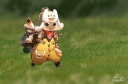 1other :3 animal_hands backpack bag boots colorpoint commentary_request dolce_(dolsuke) ehho_ehho_(meme) felyne furry grass green_eyes green_hat hat meme monster_hunter_(series) other_focus outdoors overalls running signature smile solo yellow_overalls