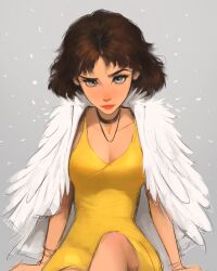 Rule 34 | 1girl, blue eyes, bracelet, breasts, brown hair, capelet, cleavage, collar, cowboy shot, crossed legs, dress, from above, fur capelet, highres, jewelry, knee up, leaning back, looking at viewer, medium hair, messy hair, necklace, original, raised eyebrow, sam yang, solo, spaghetti strap, yellow dress