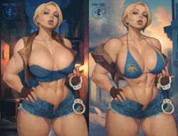 Rule 34 | 1girl, abs, alley, biceps, bikini, bikini under clothes, blonde hair, blue eyes, breasts, cuffs, denim, denim shorts, final fight, final fight tough, fingerless gloves, gloves, handcuffs, highres, huge breasts, ickpot, large breasts, lucia morgan, micro shorts, muscular, muscular female, navel, off shoulder, official art, open fly, parted lips, short hair, shorts, stomach, swimsuit, thighs, thong bikini, tomboy, udon entertainment, variant set, vest