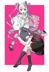 2girls ame-chan_(needy_girl_overdose) black_eyes black_hair black_ribbon black_socks blue_eyes blue_hair bow cd chouzetsusaikawa_tenshi-chan cigarette drugs hair_bow hair_ornament hair_over_one_eye heart highres kiliko-san lap_pillow long_hair looking_at_viewer lying multicolored_hair multiple_girls needy_girl_overdose open_mouth phone pillow pink_hair red_shirt ribbon shirt sitting skirt socks suspender_skirt suspenders twintails x_hair_ornament