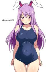 1girl animal_ears blush breasts competition_school_swimsuit covered_navel gluteal_fold highres kyanta5354 long_hair looking_at_viewer purple_hair rabbit_ears rabbit_girl red_eyes reisen_udongein_inaba school_swimsuit smile solo sweatdrop swimsuit touhou twitter_username very_long_hair white_background
