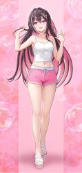 1girl absurdres alternate_costume azki_(hololive) bare_arms bare_legs black_hair breasts camisole colored_inner_hair commentary dolphin_shorts double-parted_bangs feet hair_between_eyes hair_intakes hair_ornament hairclip hands_up has_bad_revision has_watermarked_revision highres holding holding_own_hair hololive legs long_hair looking_at_viewer loungewear medium_breasts midriff mole mole_under_eye multicolored_hair nail_polish navel pink_hair pink_nails pink_shorts purple_eyes revision sandals short_shorts shorts sidelocks solo streaked_hair toenail_polish toenails toes very_long_hair virtual_youtuber wajuniorbox waving white_camisole white_hair