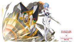 1girl ayanami_rei blue_hair bodysuit breasts copyright_name eva_00 full_body highres logo long_hair looking_at_viewer mecha_pilot_suit neon_genesis_evangelion official_art plugsuit_(evangelion) red_bodysuit red_eyes red_theme shiny_clothes shiny_skin short_hair solo standing tower_of_saviors wide_hips