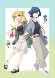 2girls alternate_costume arm_ribbon armlet bag black_sandals black_shirt blonde_hair blue_eyes blue_jacket bocchi_the_rock! character_charm charm_(object) chibi green_jacket grey_pants hair_ornament hairclip handbag highres ijichi_nijika jacket jewelry kanaria_hisagi locked_arms looking_at_viewer multiple_girls necklace pants polka_dot polka_dot_ribbon red_eyes ribbon sandals shirt shoes short_hair shorts side_ponytail twitter_username two-tone_border white_background white_shoes white_shorts yamada_ryo yellow_eyes yuri