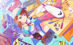 1girl aircraft airplane ano_hi_no_yume_no_kanata_mukou_e_(project_sekai) breasts brown_hair charm_(object) closed_mouth colorful_palette drill electric_plug game_cg gloves grey_eyes hanasato_minori hat highres holding holding_wrench official_art paper pliers project_sekai screw shirt shorts sitting smile solo third-party_source ticket white_gloves white_hat white_shirt white_shorts wrench
