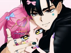 Rule 34 | 1boy, 1girl, alien stage, black eyes, black hair, black nails, blue bow, bow, closed mouth, commentary, eyewear on head, fang, fang out, hair bow, heart, heart-shaped eyewear, highres, ivan (alien stage), jewelry, middle finger, mizi (alien stage), pink bow, purple nails, red pupils, ring, star sticker, sticker on face, sunglasses, x ssung, yellow eyes