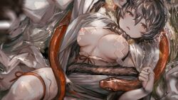 1girl absurdres black_hair blurry blurry_foreground breast_curtains breasts breasts_apart bright_pupils commentary_request covered_erect_nipples cowboy_shot fantasy fur-trimmed_kimono fur_trim hair_between_eyes highres japanese_clothes kimono large_breasts light_particles looking_at_viewer nipples orange_eyes original parted_lips red_snake see-through_clothes short_hair soleil_(soleilmtfbwy03) solo sweatdrop thighhighs wet white_kimono white_pupils white_thighhighs