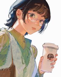 Rule 34 | 1girl, amo (amo 0514), bag, brown bag, brown eyes, brown hair, chinese commentary, collared shirt, commentary request, cup, disposable coffee cup, disposable cup, earrings, eyelashes, fingernails, from side, glasses, green ribbon, green shirt, hair behind ear, hand up, handbag, highres, holding, holding cup, jewelry, logo, long fingernails, long sleeves, looking at viewer, looking to the side, mole, mole under eye, nail polish, neck ribbon, original, parted lips, pink nails, ribbon, shirt, short hair, shoulder bag, simple background, solo, upper body, vest, white background, white vest