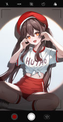 1girl brown_hair buruma camera flower-shaped_pupils genshin_impact gym_uniform hair_between_eyes hat highres hu_tao_(genshin_impact) long_hair looking_at_viewer open_mouth fake_phone_screenshot prana_(prana12) red_buruma red_eyes shirt shoes short_sleeves sitting socks solo symbol-shaped_pupils twintails viewfinder