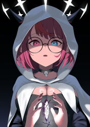 +_+ 1girl absurdres alternate_costume black_background black_horns blue_eyes breasts commentary_request glasses halo heterochromia highres hololive hololive_english horns irys_(hololive) large_breasts looking_at_viewer magic medium_hair multicolored_hair nail_polish open_mouth pink_eyes pink_hair pink_nails round_eyewear shift_(shiftillust) shiny_skin solo streaked_hair two-tone_hair virtual_youtuber white_halo white_hood wizard
