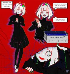 Rule 34 | 1girl, :d, black dress, breasts, broken screen, commentary, dress, english commentary, english text, grin, hair intakes, highres, looking at viewer, milkytiddyboy, multiple views, open mouth, original, own hands together, puffy sleeves, red eyes, sharp teeth, short hair, smile, teeth, white hair, yandere