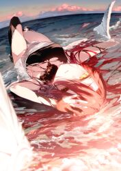 1girl arm_above_head beach black_sclera colored_sclera curtained_hair dress fate/grand_order fate_(series) foreshortening full_body game_cg hair_flowing_over heterochromia horizon hotosoka knee_up long_hair looking_at_viewer lying mismatched_sclera ocean official_art on_back outstretched_arm parted_lips partially_submerged red_eyes red_hair solo sunlight third-party_source typhon_ephemeros_(fate) upside-down waves wet yellow_eyes