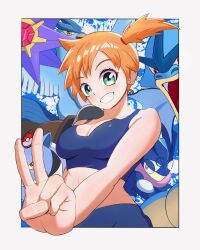 1girl absurdres articuno asymmetrical_hair blastoise blush border bra breasts cleavage collarbone eyelashes gen_1_pokemon gen_6_pokemon green_eyes greninja grin gyarados gym_leader hair_tie highres holding holding_poke_ball large_breasts legendary_pokemon looking_at_viewer midriff misty_(pokemon) navel nintendo open_mouth orange_hair poke_ball poke_ball_(basic) pokemon pokemon_frlg pokemon_tcg pokemon_tcg_pocket ponytail shirt short_hair shorts side_ponytail smile solo sports_bra sportswear starmie tank_top teeth thighs underwear v w white_border