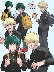 2boys aged_down anger_vein annoyed backpack bag bakugou_katsuki black_jacket black_pants blonde_hair blue_background blue_bag boku_no_hero_academia breast_pocket buttons closed_mouth collared_shirt embers explosion facing_another freckles gakuran green_eyes green_hair grin hair_between_eyes hand_in_pocket hand_on_another&#039;s_shoulder hand_up hands_up high_collar highres holding holding_notebook holding_strap jacket layered_sleeves long_sleeves looking_at_another looking_at_viewer looking_back looking_to_the_side male_focus midoriya_izuku multiple_boys multiple_views nervous no_pupils notebook open_mouth outline pac-man_eyes pants parted_lips pocket profile raised_eyebrows red_eyes red_footwear sanpaku school_uniform scowl shaded_face shirt short_hair shoulder_bag sideways_glance sideways_mouth simple_background smile speech_bubble spiked_hair spoken_anger_vein standing sweatdrop turning_head uneven_eyes v-shaped_eyebrows white_outline white_shirt yellow_bag zonozonotk