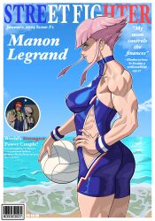 absurdres ass ball beach blue_eyes bodysuit breasts cover cropped_legs fake_magazine_cover highres hip_vent impossible_bodysuit impossible_clothes impossible_hair magazine_cover manon_legrand marisa_(street_fighter) medium_breasts muscular muscular_female official_alternate_costume pink_hair short_hair_with_long_locks sidelocks solo_focus spandex standing street_fighter street_fighter_6 volleyball_(object) water wowasasman