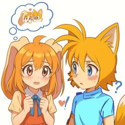1boy 1girl animal_ears blonde_hair blue_eyes blush bow bowtie brown_eyes child cream_the_rabbit dress ears eyelashes fox humanization orange_fur orange_hair rabbit raposegg_fox sega shirt sonic_(series) sweatdrop tails_(sonic) yellow_fur