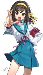 1girl :d absurdres armband blue_sailor_collar blue_skirt brown_eyes brown_hair commentary hair_ribbon hairband hand_on_own_hip highres kita_high_school_uniform long_sleeves looking_at_viewer medium_hair open_mouth pomu_(joynet) red_armband red_ribbon ribbon sailor_collar school_uniform serafuku signature simple_background skirt smile solo standing suzumiya_haruhi suzumiya_haruhi_no_yuuutsu tongue white_background winter_uniform yellow_hairband yellow_ribbon
