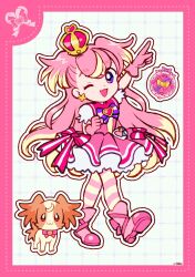 1girl animal arm_up baby_animal blonde_hair boots border bow bowtie bright_pupils brooch clenched_hand colored_tips compact_(cosmetics) cosmetics crossed_bangs crown crown_earrings deformed dog dot_nose dotted_line dress dress_bow dual_persona earrings eyes_visible_through_hair footwear_ribbon frilled_skirt frilled_sleeves frills full_body gloves grid_background hair_between_eyes happy hat_ornament heart heart_brooch heart_hat_ornament highres inukai_komugi inukai_komugi_(dog) jewelry long_hair looking_at_viewer magical_girl mini_crown miniskirt multicolored_hair one_eye_closed open_mouth outline pantyhose pink_boots pink_border pink_bow pink_brooch pink_crown pink_dress pink_gloves pink_hair pink_pantyhose pink_ribbon pointing pointing_up precure puffy_short_sleeves puffy_sleeves puppy purple_bow purple_bowtie purple_eyes ribbon shirt short_dress short_sleeves signature single_stripe skirt skirt_under_dress smile striped_bow striped_bowtie striped_clothes striped_pantyhose tareme two-tone_hair two-tone_pantyhose two_side_up uwded_207 very_long_hair walking white_background white_outline white_pupils white_shirt white_sleeves wonderful_precure! yellow_pantyhose