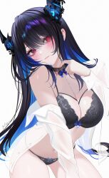 Rule 34 | 1girl, 707arisu, absurdres, alternate costume, asymmetrical horns, black bra, black hair, black panties, blue bow, blue hair, bow, bow bra, bow panties, bra, breasts, cleavage, collared shirt, colored inner hair, commentary, demon horns, flower, hair ornament, highres, hololive, hololive english, horn flower, horns, lace, lace-trimmed bra, lace-trimmed panties, lace trim, large breasts, lingerie, long hair, looking at viewer, mole, mole under eye, multicolored hair, nerissa ravencroft, off shoulder, open clothes, open shirt, panties, red eyes, shirt, smile, solo, two-tone hair, underwear, uneven horns, very long hair, virtual youtuber, white shirt