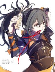 1girl apron armor blue_hair braid brown_eyes crown_braid fire_emblem fire_emblem_fates hair_between_eyes high_ponytail highres japanese_armor japanese_clothes long_hair looking_at_viewer nintendo oboro_(fire_emblem) orange_apron ponytail rennnge solo