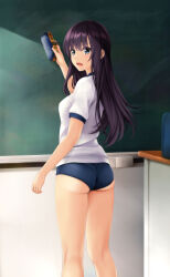 1girl arm_up ass bag black_hair blue_buruma blue_eyes blush board_eraser breasts buruma chalk chalkboard classroom commentary_request eraser grey_eyes gym_shirt gym_uniform hair_between_eyes highres holding indoors long_hair looking_at_viewer looking_back medium_breasts nonaka_ritsu open_mouth original puffy_short_sleeves puffy_sleeves purple_hair school_bag shirt short_sleeves small_breasts solo very_long_hair white_shirt
