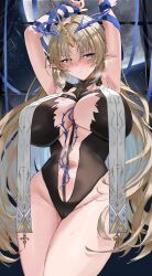 1girl absurdres armpits arms_up bare_shoulders between_breasts black_dress blonde_hair blue_eyes blue_ribbon blush breasts cameltoe center_opening cleavage comet commentary crown_of_thorns dress fleurdelys_(wuthering_waves) full_moon gold_trim groin highres horns huge_breasts long_hair long_horns looking_at_viewer maoza1 moon moonlight navel night night_sky parted_lips pointy_ears ribbon single_horn sky solo standing star_(sky) sweat tabard tacet_mark_(wuthering_waves) thighs thorns very_long_hair white_tabard window wuthering_waves