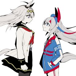 2girls animal_ears blue_eyes ear_covers ear_ornament hattori_(omegamega1001) headband highres horse_ears horse_tail long_hair multiple_girls oguri_cap_(umamusume) pants pleated_skirt sailor_collar sailor_shirt shirt skirt striped_clothes striped_pants tail tamamo_cross_(umamusume) umamusume umamusume:_cinderella_gray white_background