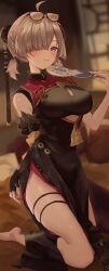 1girl absurdres black_dress black_gloves breasts china_dress chinese_clothes dress fingerless_gloves gloves hair_over_one_eye highres looking_at_viewer nekoplanetouo purple_eyes solo sweety_(zenless_zone_zero) zenless_zone_zero