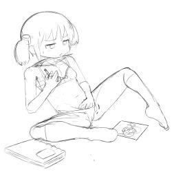 1girl aioi_yuuko book breasts cameltoe cigarette cube_hair_ornament female_masturbation greyscale hair_ornament highres himejoshi holding holding_cigarette leg_up mad_mex masturbation monochrome naganohara_mio navel nichijou open_mouth panties shinonome_nano short_twintails sitting sketch small_breasts socks sweat twintails underwear yuri yuri_(object).