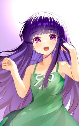 1girl bare_arms blunt_bangs commentary_request dress floating_hair furude_rika green_dress hands_up highres higurashi_no_naku_koro_ni light_blush long_hair open_mouth purple_eyes purple_hair sleeveless sleeveless_dress solo teeth umeyanenne upper_body upper_teeth_only very_long_hair