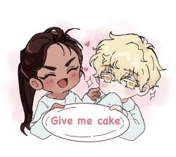 1boy 1girl aged_down alien_stage blonde_hair brown_hair chibi chibi_only clothes_in_mouth colored_eyelashes commentary dark-skinned_female dark_skin english_commentary english_text gift_art heart highres holding holding_plate hyuna_(alien_stage) lolo_(myon_creative) long_hair luka_(alien_stage) open_mouth plate ponytail shirt short_hair smile white_shirt yellow_eyes