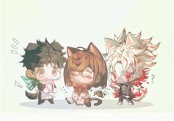 Rule 34 | 1girl, 2boys, ?, animal ears, apron, aqua neckerchief, ayase momo, black hair, black jacket, black pants, black shoes, bow, bowtie, brown eyes, brown hair, brown shoes, cat ears, cat tail, chibi, chibi only, comb, crossed bangs, dandadan, de557777, dog ears, dog tail, dual persona, facial mark, gakuran, glasses, hair between eyes, hair ornament, hair scrunchie, half-closed eyes, holding, holding comb, holding mirror, jacket, kemonomimi mode, mirror, multicolored hair, multiple boys, neckerchief, pants, parted bangs, pink sweater, red bow, red bowtie, red eyes, red hair, round eyewear, school uniform, scrunchie, shoes, short hair, sitting, socks, standing, streaked hair, sweater, tail, takakura ken (dandadan), takakura ken (transformed) (dandadan), white apron, white hair, white socks