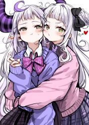 2girls absurdres alternate_costume bent_v black_bow black_bowtie blush bow bowtie cheek-to-cheek closed_mouth collared_shirt commentary_request cowboy_shot demon_horns grey_hair hair_bow half-closed_eyes heads_together heart highres hololive horns hug la+_darknesss long_hair long_sleeves looking_at_another looking_at_viewer multicolored_hair multiple_girls murasaki_shion nikumega pink_bow pink_bowtie pink_sweater pointy_ears purple_hair purple_horns purple_sweater school_uniform shirt simple_background sleeves_past_wrists standing streaked_hair striped_horns sweater v very_long_hair virtual_youtuber white_background white_shirt yellow_eyes yuri