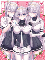 ... 3girls black_gloves blue_eyes blush bodysuit breasts clone closed_eyes clothes_writing commentary_request flower fuyutsuki_(kancolle) girl_sandwich gloves grey_neckerchief grey_thighhighs hachimaki headband headgear heart highres kabocha_torute kantai_collection large_breasts long_hair miniskirt multiple_girls neckerchief one_side_up parted_lips partially_fingerless_gloves pink_flower pink_rose pleated_skirt rose sailor_collar sandwiched school_uniform serafuku simple_background skirt sparkle spoken_ellipsis spoken_heart spoken_sweatdrop suzutsuki_(kancolle) sweatdrop thighhighs translation_request very_long_hair white_bodysuit white_headband white_neckerchief yuri
