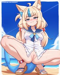 1girl ahoge animal_ears anklet ass beach blue_eyes blue_hair blue_nails blue_ribbon blue_sailor_collar blue_sky blush border breasts brown_hair brown_sandals cat_ears closed_mouth cloud cloudy_sky collarbone commentary day english_commentary fingernails fins fish_girl fish_tail hair_ribbon highres indie_virtual_youtuber jewelry lifebuoy_hair_ornament lifebuoy_ornament long_hair looking_at_viewer multicolored_hair nail_polish ocean one_side_up outdoors patreon_username pussy ribbon sailor_collar sameko_saba sandals school_uniform serafuku sky smile solo squatting streaked_hair sweat tail thighs twintails twistedscarlett60 two-tone_hair uncensored virtual_youtuber water white_border white_serafuku