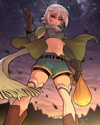 Rule 34 | 1girl, absurdres, artist name, belt, boots, bra, breasts, brown boots, brown gloves, cape, chris (konosuba), clenched teeth, detached sleeves, evening, facial scar, from below, gloves, green cape, grey bra, grey hair, grey sleeves, hand up, highres, holding, holding sack, kluverdesigns, kono subarashii sekai ni shukufuku wo!, looking at viewer, midriff, navel, night, night sky, purple eyes, sack, scar, scar on cheek, scar on face, scarf, short hair, shorts under shorts, sky, skyline, small breasts, smile, solo, standing, star (sky), starry sky, teeth, thighhighs, twitter username, underwear, white scarf, white thighhighs, zettai ryouiki