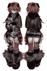 1girl animal_ears black_eyes black_jacket black_shorts boots brown_hair commentary dog_ears dog_girl english_commentary freckles full_body jacket multiple_views original pigeon-toed senmaze short_hair shorts simple_background white_background