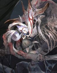 1girl absurdres animal_skeleton black_dress claws closed_mouth dragon dress duel_masters fua_yuu_(duel_masters) hair_between_eyes hair_ribbon highres in_palm long_hair red_eyes red_ribbon ribbon short_sleeves so-taro very_long_hair