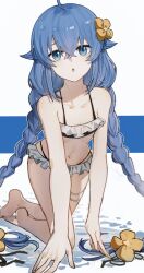 1girl :o absurdres all_fours barefoot bikini blue_background blue_eyes blue_hair braid braided_twintails chinese_commentary collarbone commentary crossed_bangs flat_chest flower frilled_bikini frills frown hair_between_eyes hair_flower hair_ornament highres jewelry long_hair looking_at_viewer low-tied_long_hair low_twintails mushoku_tensei navel open_mouth petite roxy_migurdia solo stomach swimsuit teeth thighlet twin_braids twintails two-tone_background upper_teeth_only white_background yellow_flower yisjhui