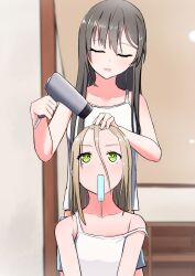 2girls absurdres brown_hair catflish closed_eyes drying drying_another&#039;s_hair drying_hair food hair_dryer heaven_burns_red highres holding holding_hair_dryer indoors long_hair multiple_girls ooshima_ichiko ooshima_yotsuha popsicle siblings sisters vest