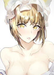 1girl absurdres animal_ears bare_shoulders blonde_hair blush breasts commentary_request covered_erect_nipples fox_ears hat highres medium_breasts mob_cap open_mouth penora_gei short_hair solo topless_female touhou upper_body white_background yakumo_ran yellow_eyes