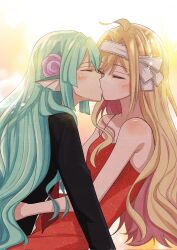 2girls ahoge aqyas_muzamil blonde_hair bloom blush closed_eyes commentary dress english_commentary finana_ryugu fins fiverr_commission flower formal_clothes green_hair hair_flower hair_ornament hairband head_fins highres kiss millie_parfait multiple_girls nijisanji nijisanji_en pink_hair red_dress sequins sleeveless sleeveless_dress suit virtual_youtuber white_hairband yuri