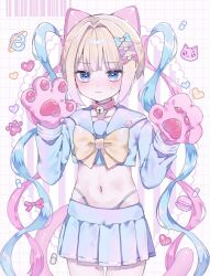 Rule 34 | 1girl, :|, animal ears, animal hands, arms up, barcode, blonde hair, blue eyes, blue hair, blue serafuku, bow, cat, cat ears, cat paws, chest bow, chouzetsusaikawa tenshi-chan, closed mouth, colored tips, daten route, flustered, grid background, hair bow, heart, heart-shaped pupils, highres, hiro 0607, internet explorer, looking at viewer, multicolored hair, multiple hair bows, needy girl overdose, panty straps, pastel colors, pill, pink hair, quad tails, school uniform, serafuku, solo, symbol-shaped pupils, upper body