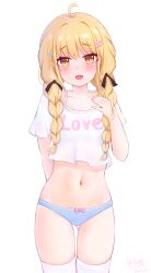 1girl 2024 :d absurdres ahoge arm_behind_back black_bow blonde_hair blue_panties blush bow bow_panties braid brown_eyes clothes_writing collarbone commentary cowboy_shot cropped_shirt dated english_text fang fujita_kotone furrowed_brow gakuen_idolmaster gluteal_fold hair_between_eyes hair_bow hair_intakes hair_ornament hairclip hand_up highres idolmaster long_hair looking_at_viewer navel no_pants open_mouth panties parallel_hairclips pink_bow shirt short_sleeves sichuan_luo_li signature simple_background skin_fang smile solo stomach thigh_gap thighhighs twin_braids underwear white_background white_shirt white_thighhighs