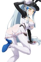 1girl alternate_costume ass ass_focus baseball_cap blush bodysuit boots breasts cameltoe from_behind girls&#039;_frontline girls&#039;_frontline_2:_exilium gloves green_eyes hair_ornament hairclip hat high_heel_boots high_heels highres hk416_(girls&#039;_frontline) huge_ass klukai_(girls&#039;_frontline_2) klukai_(speed_star)_(girls&#039;_frontline_2) large_breasts leaning leaning_forward leotard long_hair looking_at_viewer ponytail raygun19 sideboob solo tattoo teardrop_tattoo thigh_boots very_long_hair white_hair