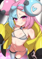 1girl asymmetrical_legwear bikini black_jacket bow-shaped_hair character_hair_ornament closed_mouth collarbone coyomin gen_1_pokemon grey_thighhighs hair_ornament hexagon_print highres iono_(pokemon) jacket long_hair long_sleeves low-tied_long_hair magnemite mismatched_legwear multicolored_hair multicolored_jacket nintendo open_clothes open_jacket oversized_clothes pink_hair pokemon pokemon_sv print_bikini single_thighhigh sleeves_past_fingers sleeves_past_wrists split-color_hair swimsuit thigh_strap thighhighs tongue tongue_out two-tone_hair two-tone_jacket very_long_sleeves wide_sleeves x yellow_jacket